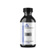 Load image into Gallery viewer, A black bottle with a white and blue label, containing the product 'Thinner' by Calyxa Terpenes.