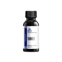 Load image into Gallery viewer, A black bottle with a white and blue label, containing the product 'Thinner' by Calyxa Terpenes.