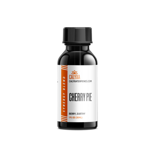 A bottle labeled 'Calyxa Terpenes' with 'Cherry Pie' text and a website address. The label has white and orange accents and a crown logo at the top.